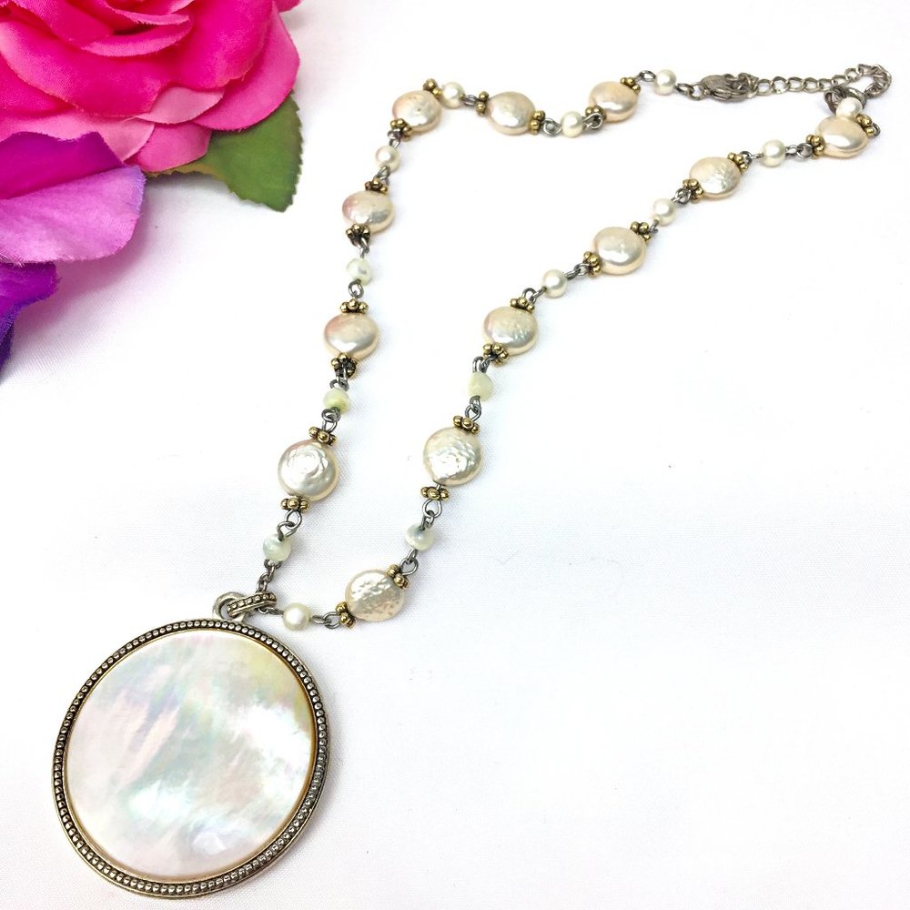 Vintage Monet Fresh Water Pearl Link Mother of Pearl Pendant Necklace